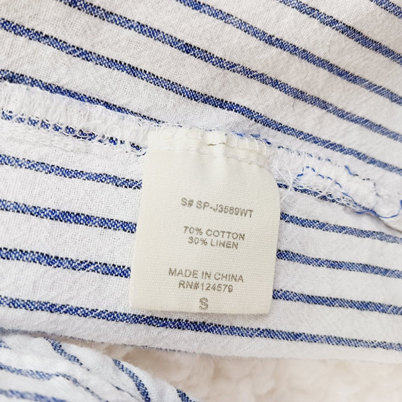 Blouse Size S Navy Linen Button-Up Stripe Preppy Coastal Classic Academia Cruise - Picture 15 of 16